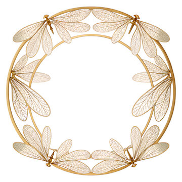 Elegant golden dragonfly circular frame on white background.