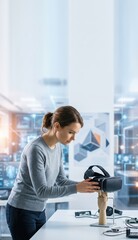 Fototapeta premium Young researcher testing virtual reality headset on robotic hand in modern lab