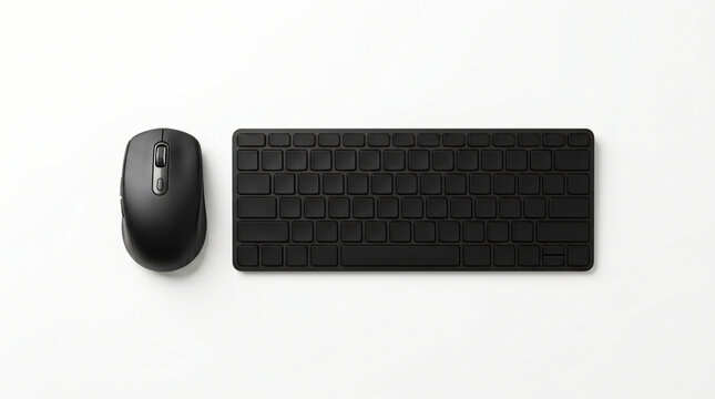 Top view of a black wireless keyboard and mouse on a clean white background.