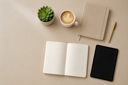 Minimalist workspace flat lay with open notebook, coffee latte art, digital tablet and succulent. Beige desk top view with stationery and plant. isolated on White Background ai