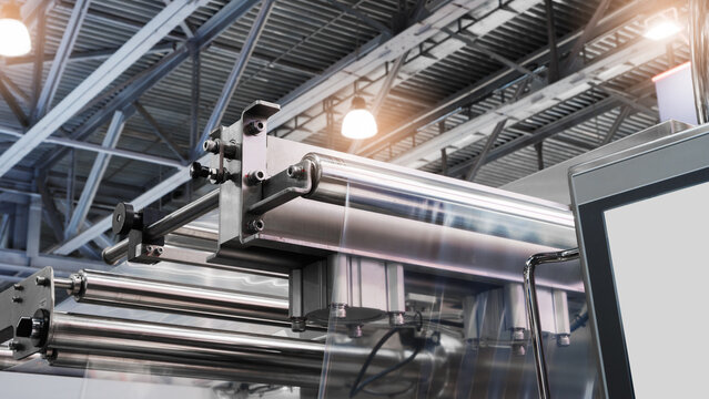 Automatic conveyor line for packaging food products into transparent, disposable plastic vacuum containers or boxes. tech industrial technology background