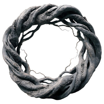 Rustic circular wreath made of twisted dark wood roots isolated on white.