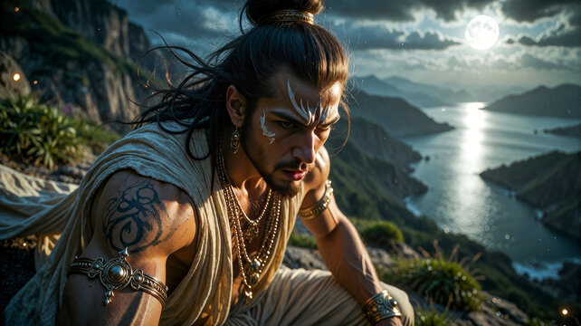 Warrior Monk Contemplating on Mountain Cliff at Twilight