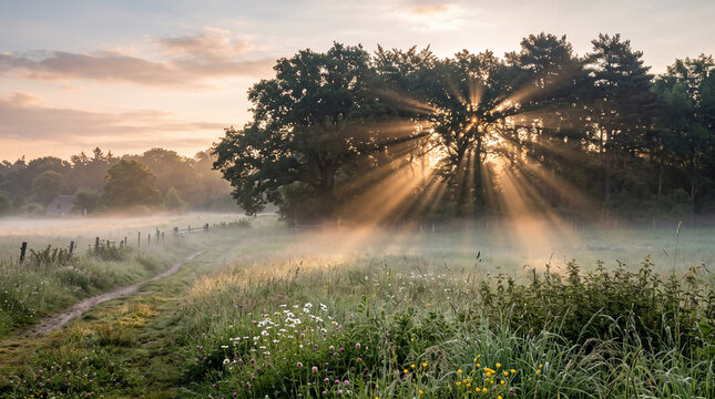 Sunrise over a foggy meadow with sunbeams through trees