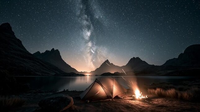 Modern camping tent beside a quiet mountain lake under a spectacular star-filled sky. Small campfire and peaceful surroundings create a serene outdoor adventure scene celebrating nature, exploration