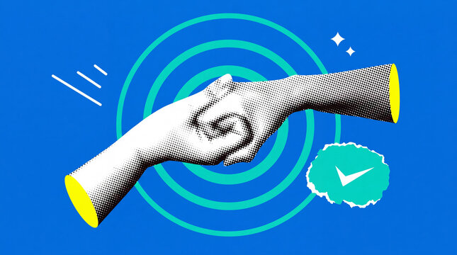 Abstract illustration of two hands shaking, symbolizing agreement, with a checkmark graphic for confirmation.