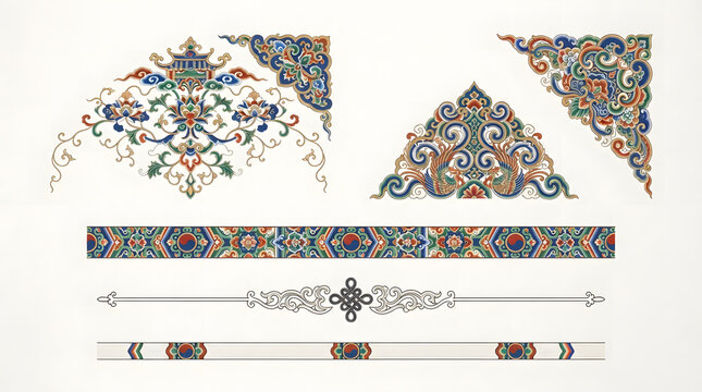 Korean traditional pattern corner decorations. Asian ornamental border and frame elements.