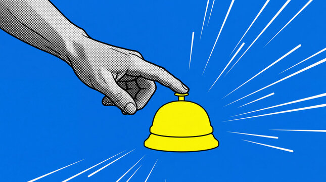 A hand presses a bright yellow service bell in a comic book style with radial lines on a blue background.