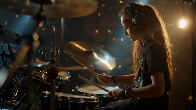 Girl practicing drums with headphones on