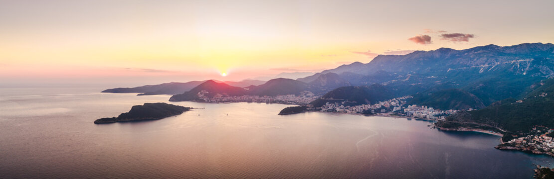 Budva Riviera and Adriatic coast at sunset in Montenegro