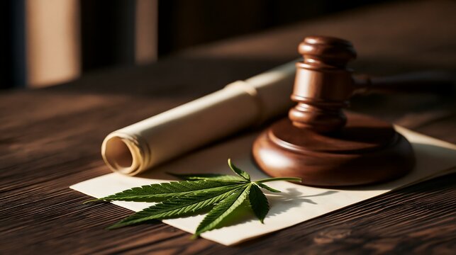 Judge gavel, legal document and cannabis leaf on a desk representing marijuana regulation, cannabis legislation and legal policy. Ideal for legal, healthcare and government communication