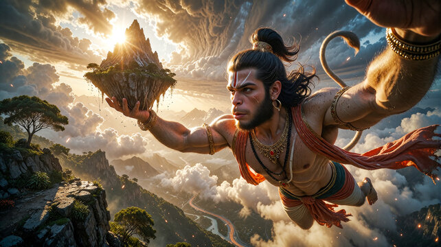 Lord Hanuman Lifting Dronagiri Mountain in Divine Flight
