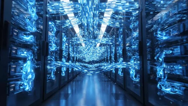 Digital data flow through server room racks visualizing high speed information transfer connectivity networks with between rows computer flowing through dark stream blue digital