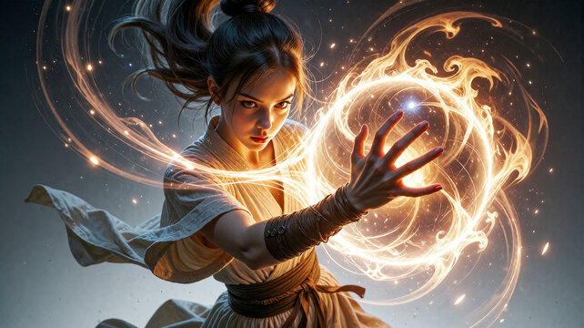 Martial Artist Summoning Golden Magical Energy Sphere