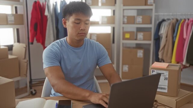 Man seated with laptop, arms crossed and neutral gaze in a small business packing building filled with boxes and clothing racks; entrepreneurial confidence.