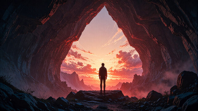Silhouette of a Person Standing at the Edge of a Mystical Cave Exit