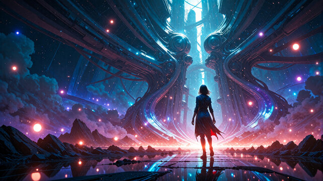 Sci-Fi Voyager Entering Alien Megastructure