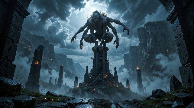 Six-Armed Monstrous Demon Perched on Ruined Stone Spire