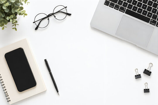 Minimalist office desk workspace, modern business tabletop with laptop and smartphone, clean professional workstation with stationery and plant isolated on White Background ai