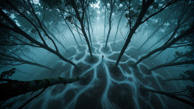 Solitary Person Standing Amidst Glowing Ethereal Forest Trails