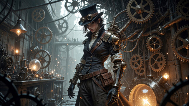 Steampunk Female Inventor in Workshop with Gears and Machinery