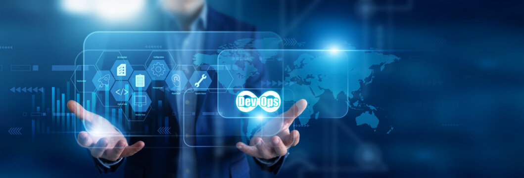 DevOps engineer holding in hands deployment scripts. Systems specialist using virtual screen orchestrating continuous integration pipelines and cloud infrastructure nodes. Agile operations.