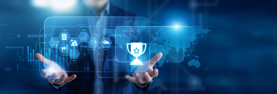 Digital advertising strategist holding in hands campaign budgets. Media buyer using virtual screen optimizing programmatic ad bids and audience conversion funnels. Marketing matrix.