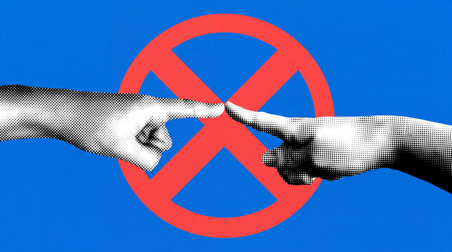 Symbolic image of conflict or disagreement, represented by two hands pointing at each other across a prohibition sign.