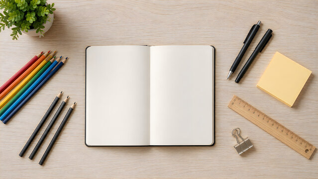 Blank open notebook on wooden desk, creative workspace with colorful pencils and stationery, minimalist office desk mockup for sketching and journaling isolated on White Background ai