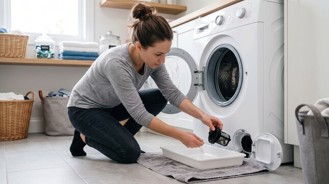 Woman draining washing machine filter into white tray