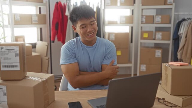 Man with folded arms by laptop and stacked shipping boxes in a packing workspace inside a building; small business optimism.
