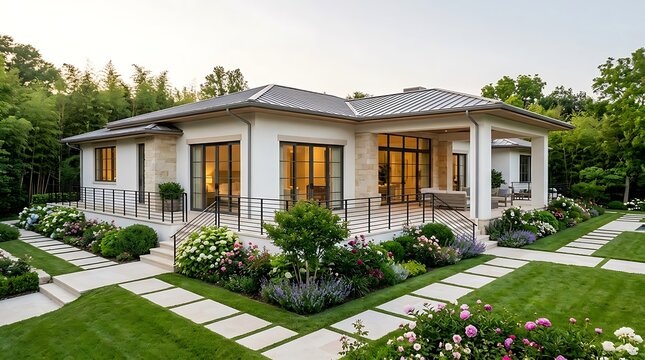 Modern singlestory house with beautiful garden and landscaped front yard at sunset