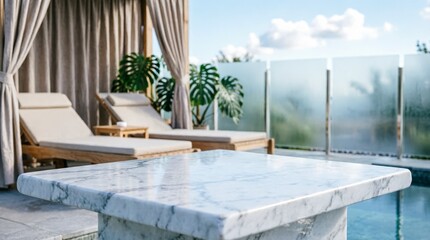 Fototapeta premium Luxury Poolside Marble Table with Lounge Chairs and Tropical Plants for Resort Design