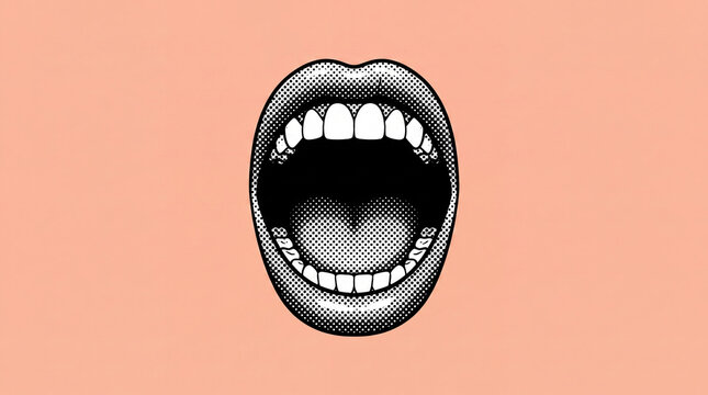 A stylized illustration of an open mouth with perfect teeth, rendered in a halftone dot pattern against a soft peach background.