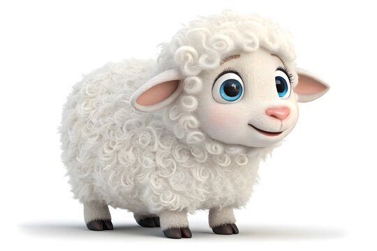 Cartoon white sheep with curly wool looking happy