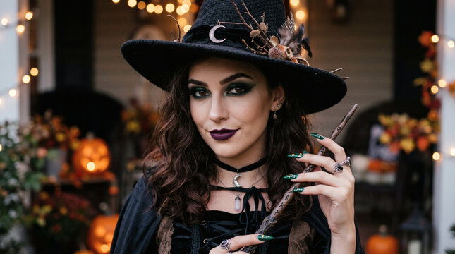 Young woman dressed as a witch in a black hat and cape holds a wand while standing on a porch decorated for the autumn holiday.
