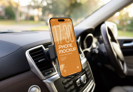 Car Smartphone Mockup Mobile Screen On Dashboard Phone Holder