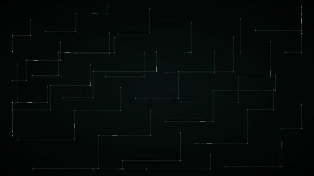 Abstract black digital technology background. Glowing green circuit board lines. Network data flow animation. Futuristic software system interface.
