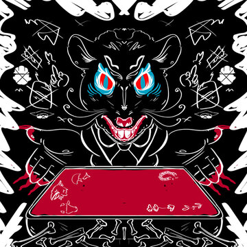 Evil Rat Monster Streetwear Graphic Illustration with Red Tray and Skeleton Bones