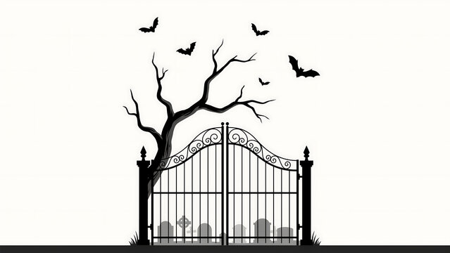 Spooky cemetery gate silhouette with dead tree and bats, haunted graveyard entrance on white background, gothic halloween landscape illustration