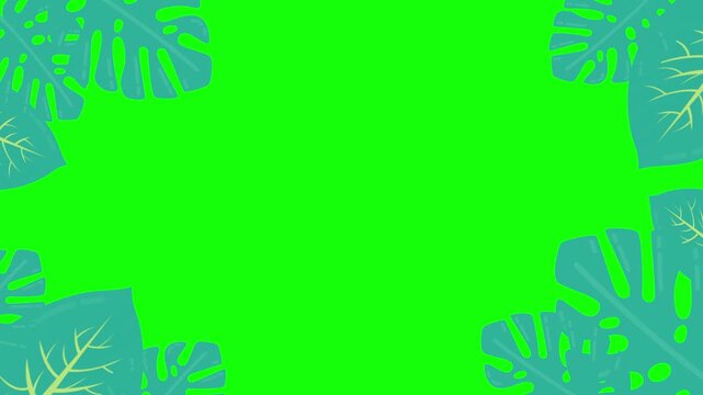 Animated Tropical Monstera Leaves Frame on Green Screen Background for Chroma Key.