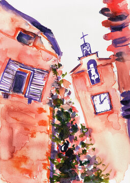 Ochre village architecture in Roussillon, Provence, hand-painted watercolor