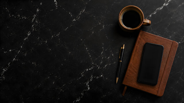 Elegant dark workspace with black marble texture, brown leather notebook and coffee cup, professional business desk flat lay with smartphone and pen isolated on White Background ai