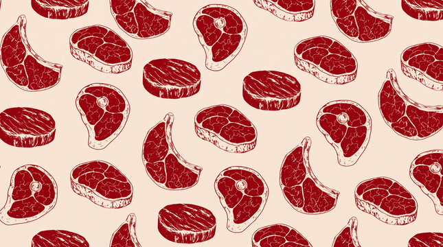 A repeating pattern of various raw beef cuts, including steaks and chops, in a sketched style on a light background.