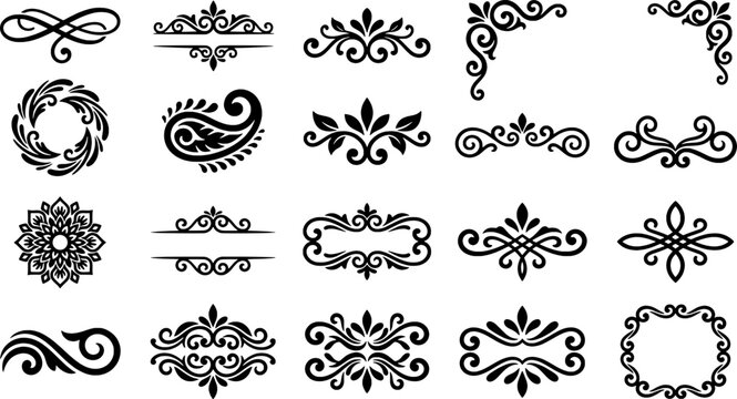 Elegant black and white decorative swirls and floral patterns set
