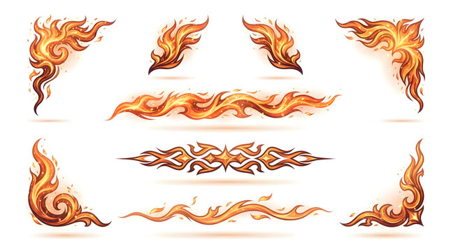 Flame corner borders and fire frames. Decorative burning elements for graphic design.