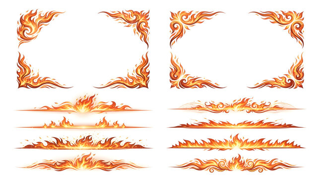 Flame corner and border frames. Fire design elements for decorative graphic layouts.