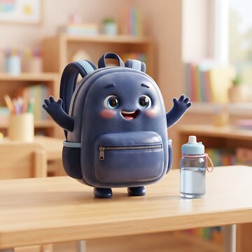 Cute animated blue school backpack character standing on classroom wooden desk with water bottle rendered in 3D style