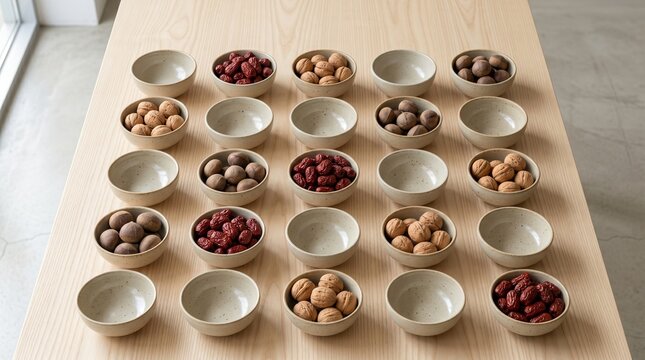 High angle grid layout of traditional offering bowls, Minimalist contemporary setup of dried fruits, Ceramic vessels for Lunar New Year altar, Studio product