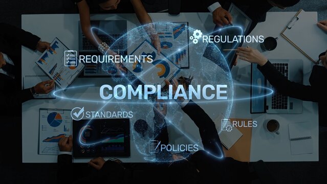 Diverse professionals collaborating in a dynamic business setting, focusing on compliance frameworks, regulations, requirements, and strategic policies to enhance productivity. Raster